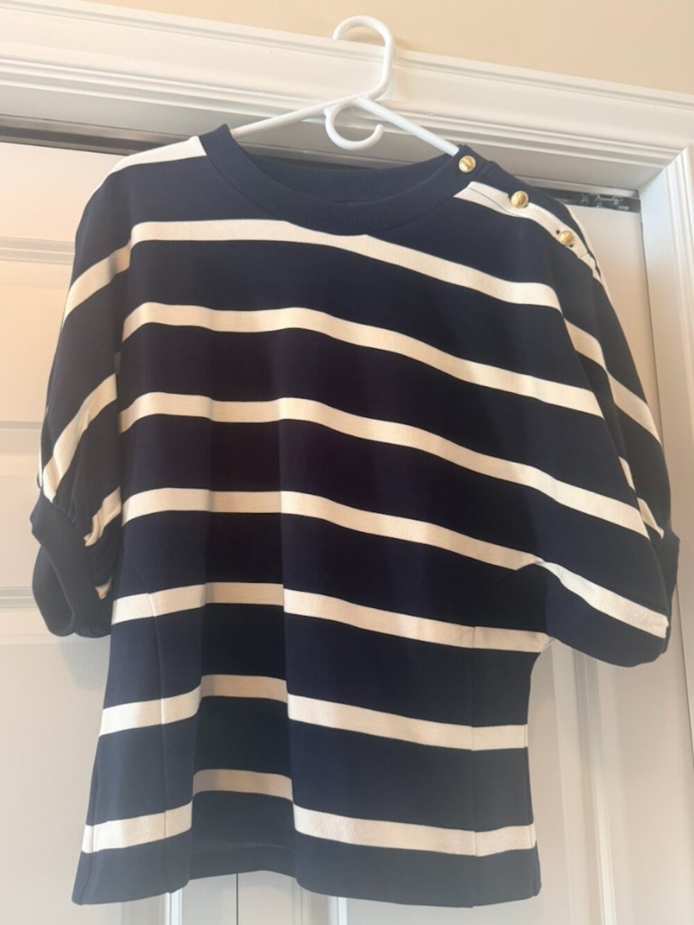Ann Taylor Navy White Stripe Ponte Knit Top Elbow Sleeve Large - Picture 2 of 5